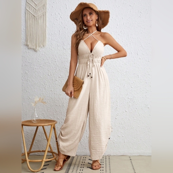 Women's Solid Color Cross Halter Strap Jumpsuit - Picture 1 of 6
